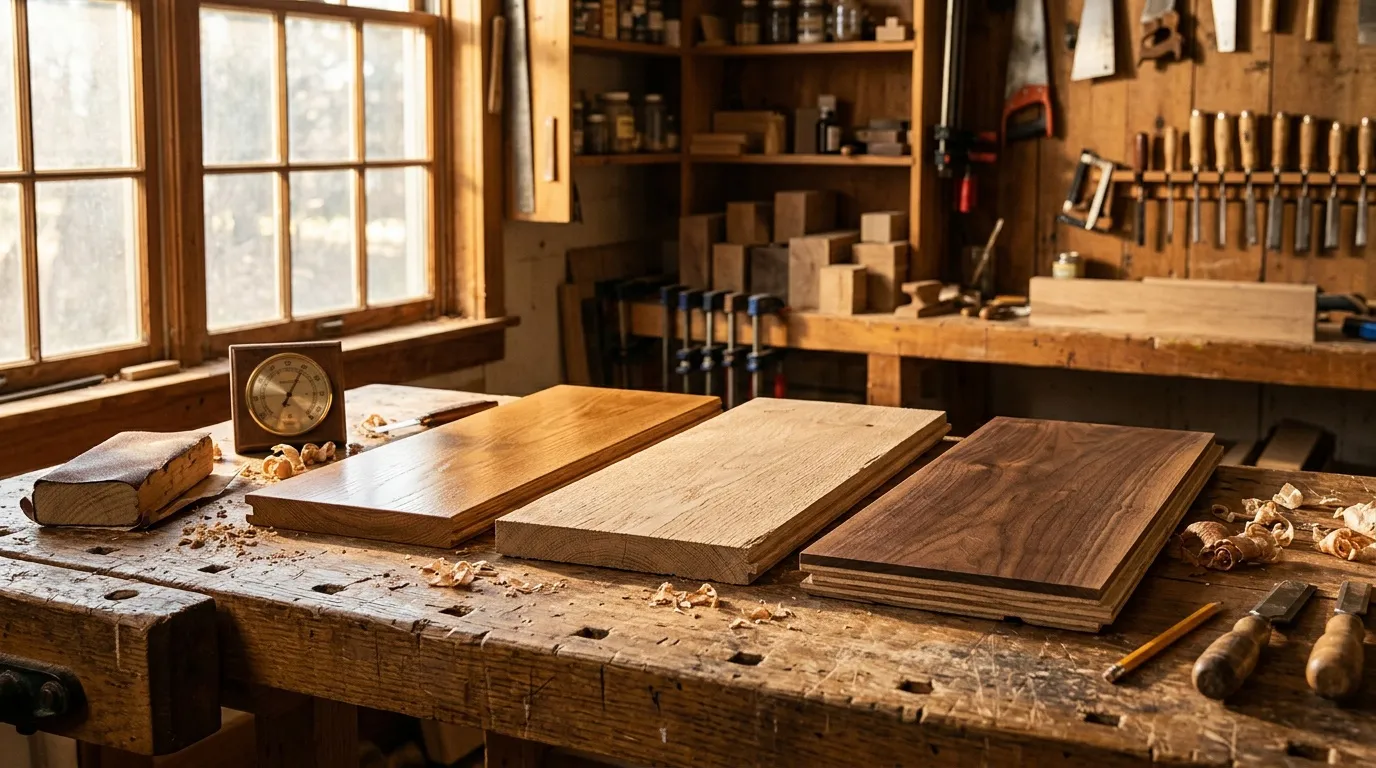 Établi d'atelier avec trois panneaux de bois différents et outils