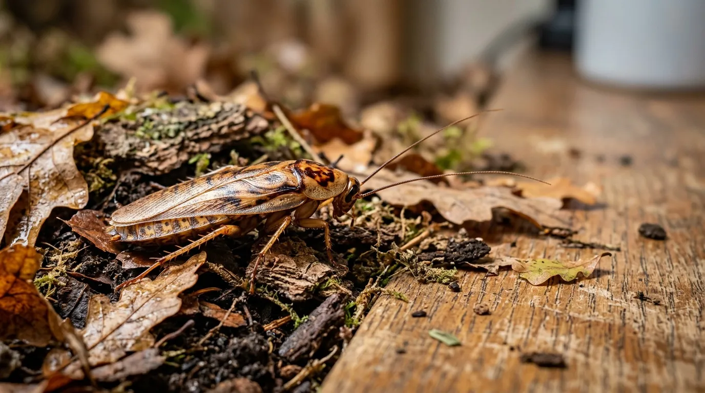 Cafard brun posé sur un morceau de bois sec et mousse