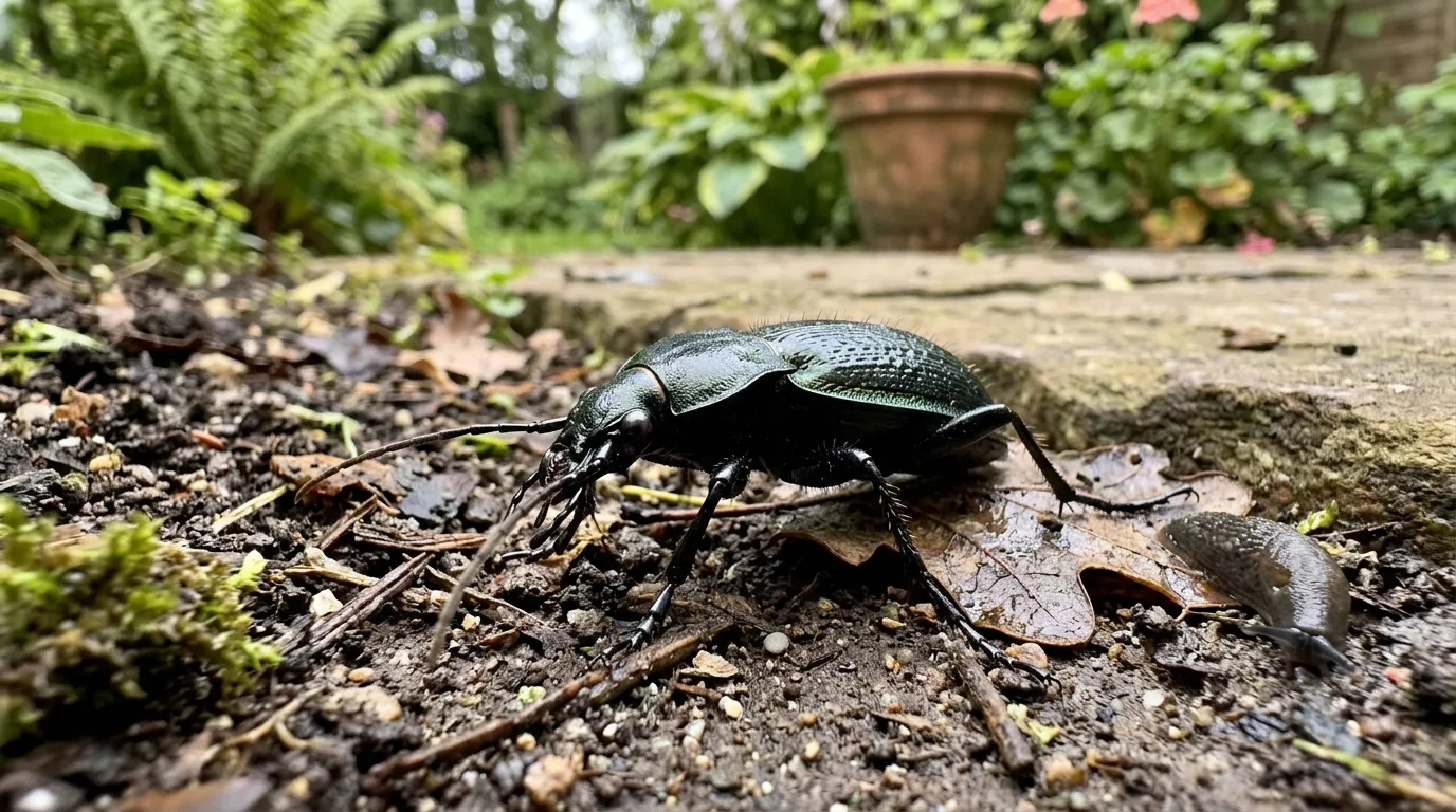 Insecte coléoptère noir marchant sur terre humide