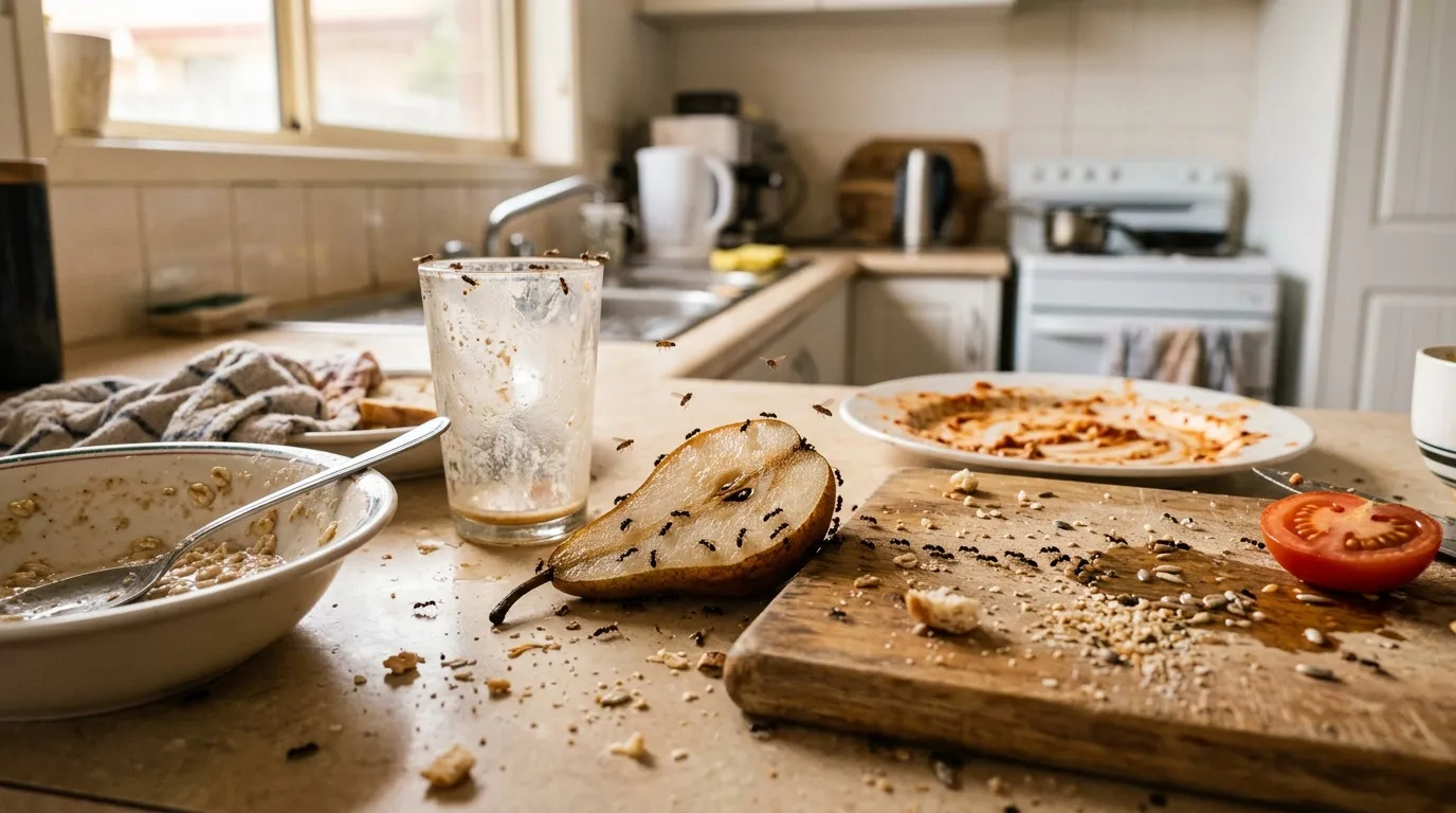 Plan de travail de cuisine encombr&eacute; avec aliments et insectes volants