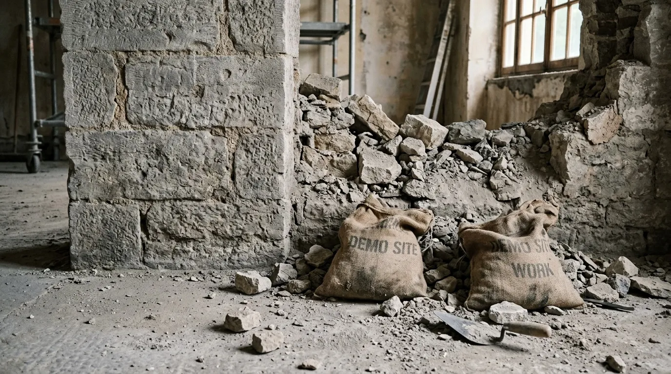 Débris de construction et sacs dans bâtiment en ruines