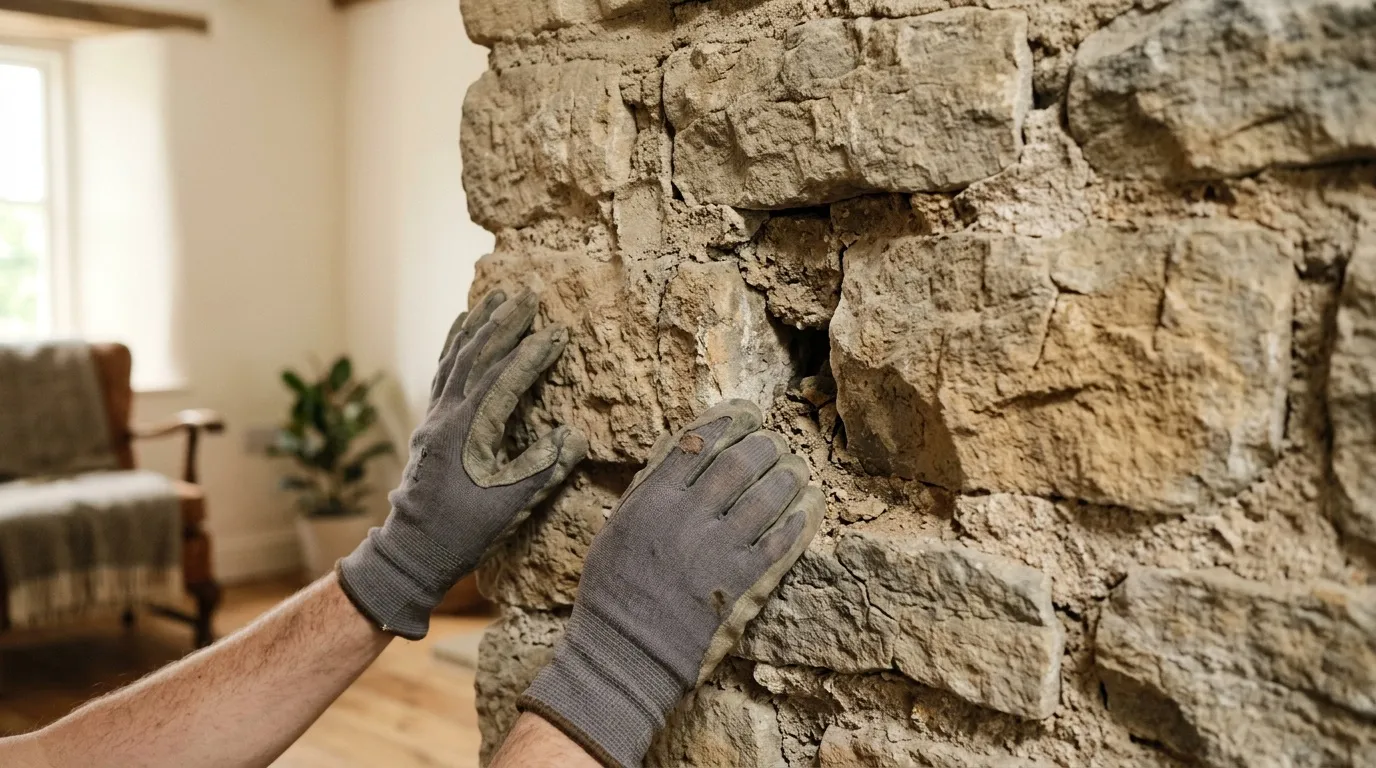 Main gantée démolissant un mur de pierre intérieur