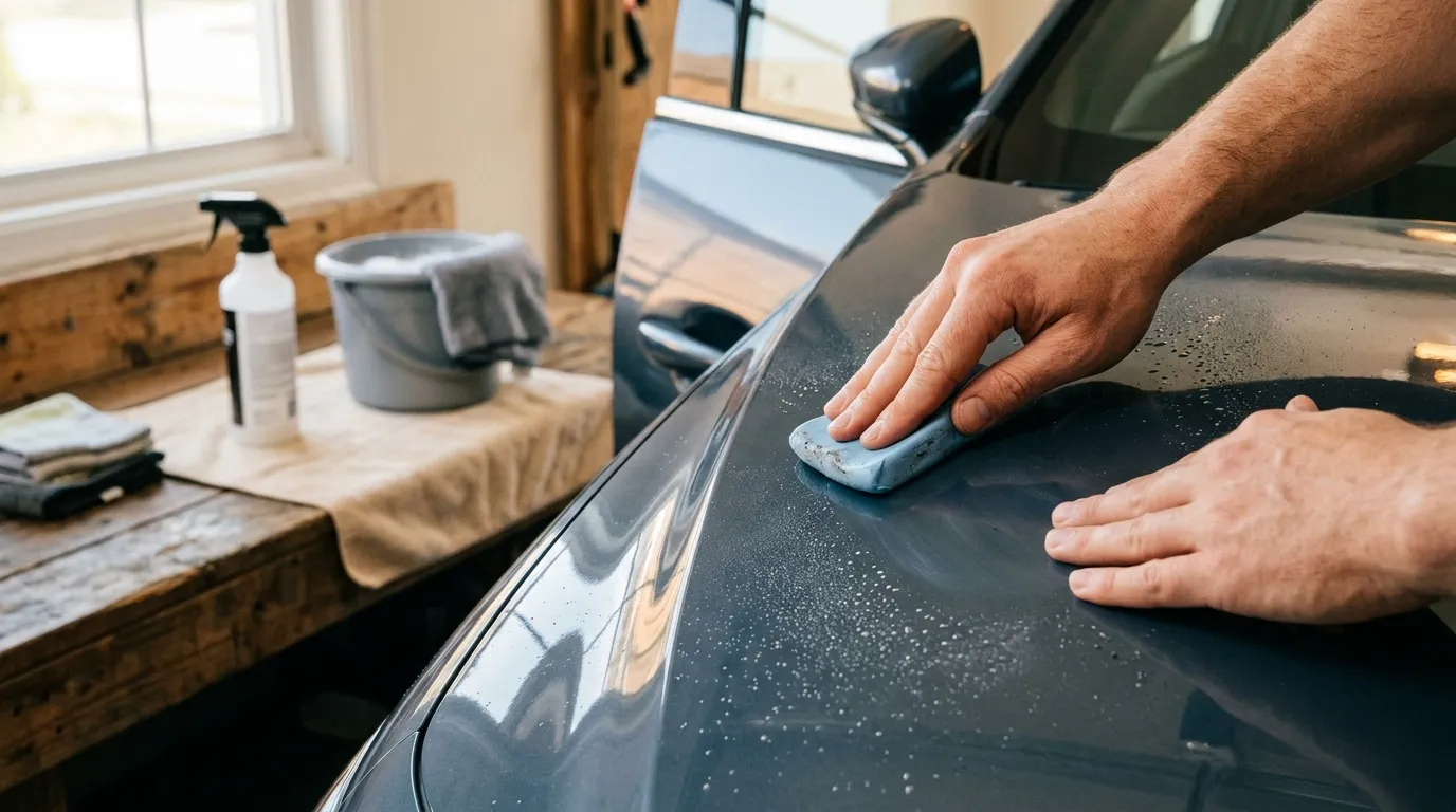 Homme polissant la carrosserie noire d'une voiture avec un chiffon