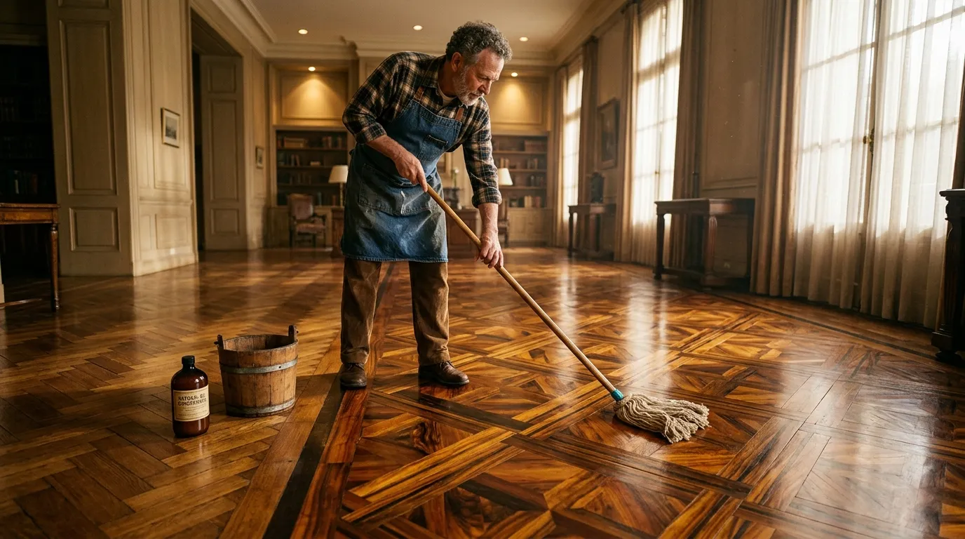 Homme nettoyant un parquet en bois avec une vadrouille