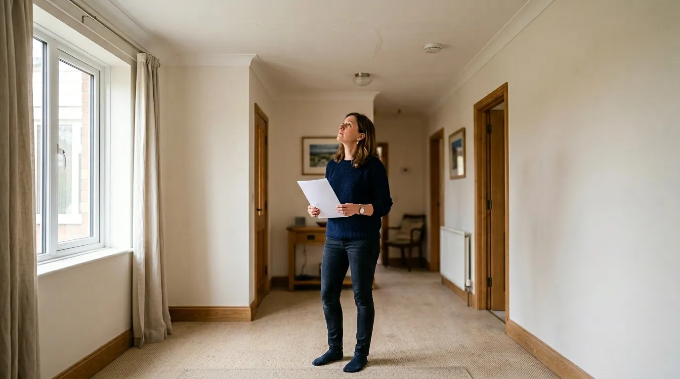 Femme debout dans couloir d'appartement tenant document