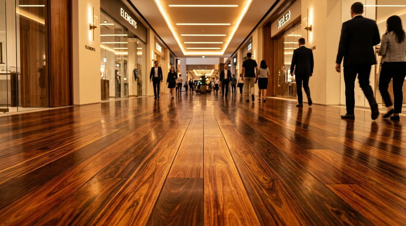 Couloir de centre commercial avec sol en bois, boutiques et clients