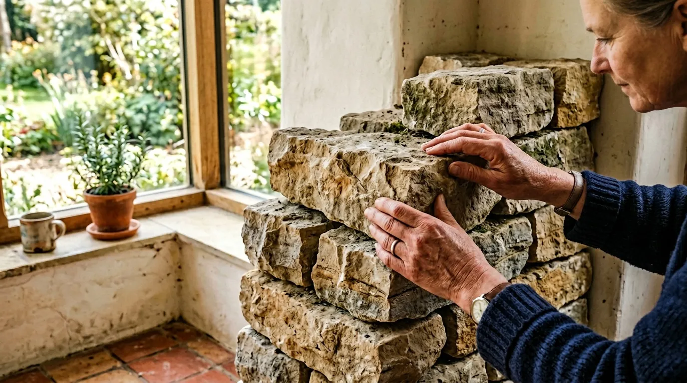 Homme examinant des blocs de pierre naturelle brute