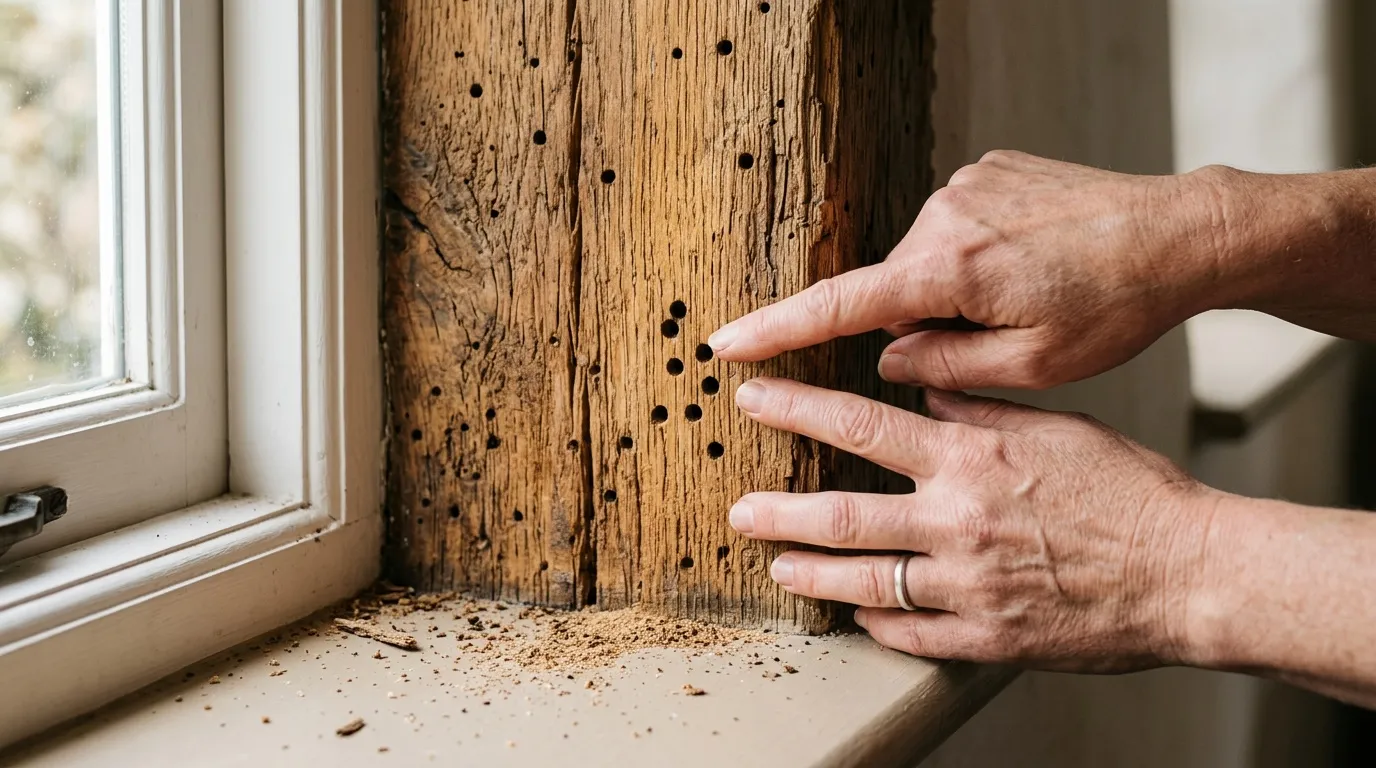 Main inspectant bois endommagé par les termites près fenêtre