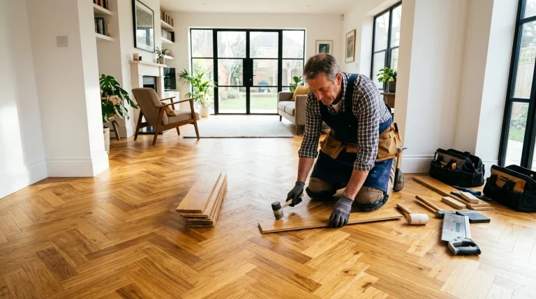 Ouvrier pose parquet chevron dans salon moderne