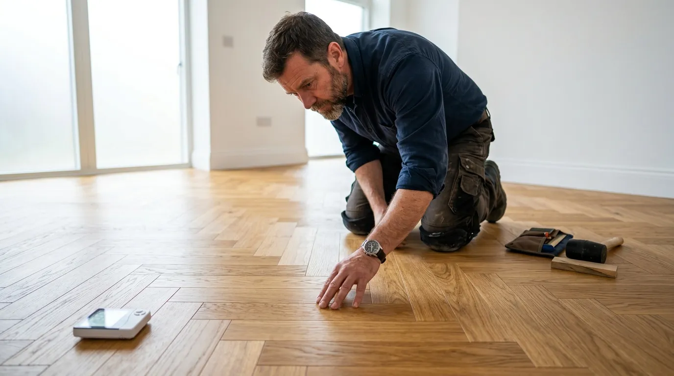 Ouvrier pose parquet chevron en bois dans intérieur moderne