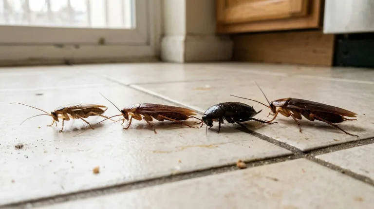 Quatre cafards marchant sur un carrelage de cuisine