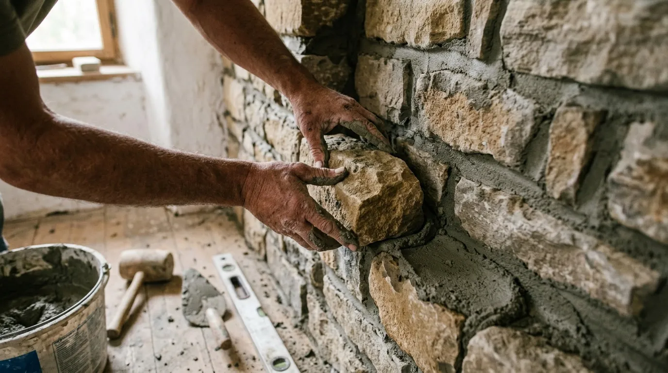 Mains de maçon posant brique avec mortier gris