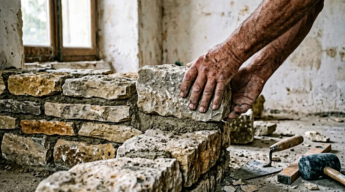 Mains de maçon posant briques sur mur en construction