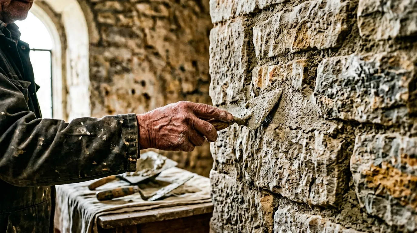 Main rid&eacute;e de ma&ccedil;on touchant mur pierre ancien