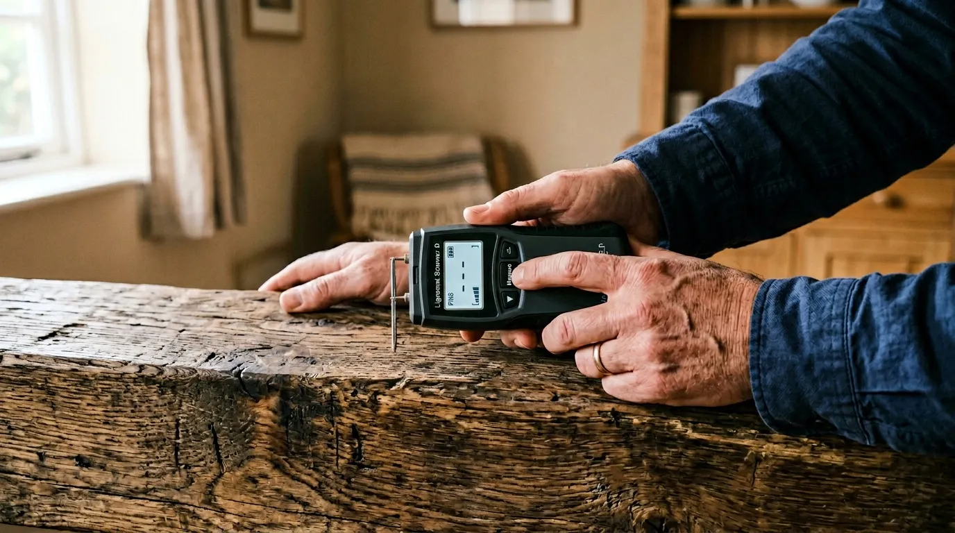 Mains mesurant l'humidité d'une poutre en bois ancien