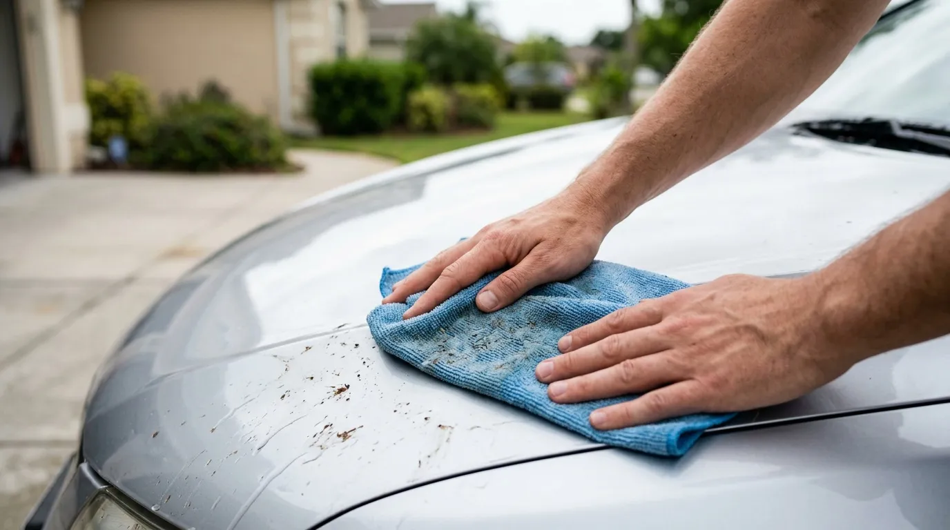 Homme essuyant la carrosserie blanche d'une voiture avec un chiffon bleu