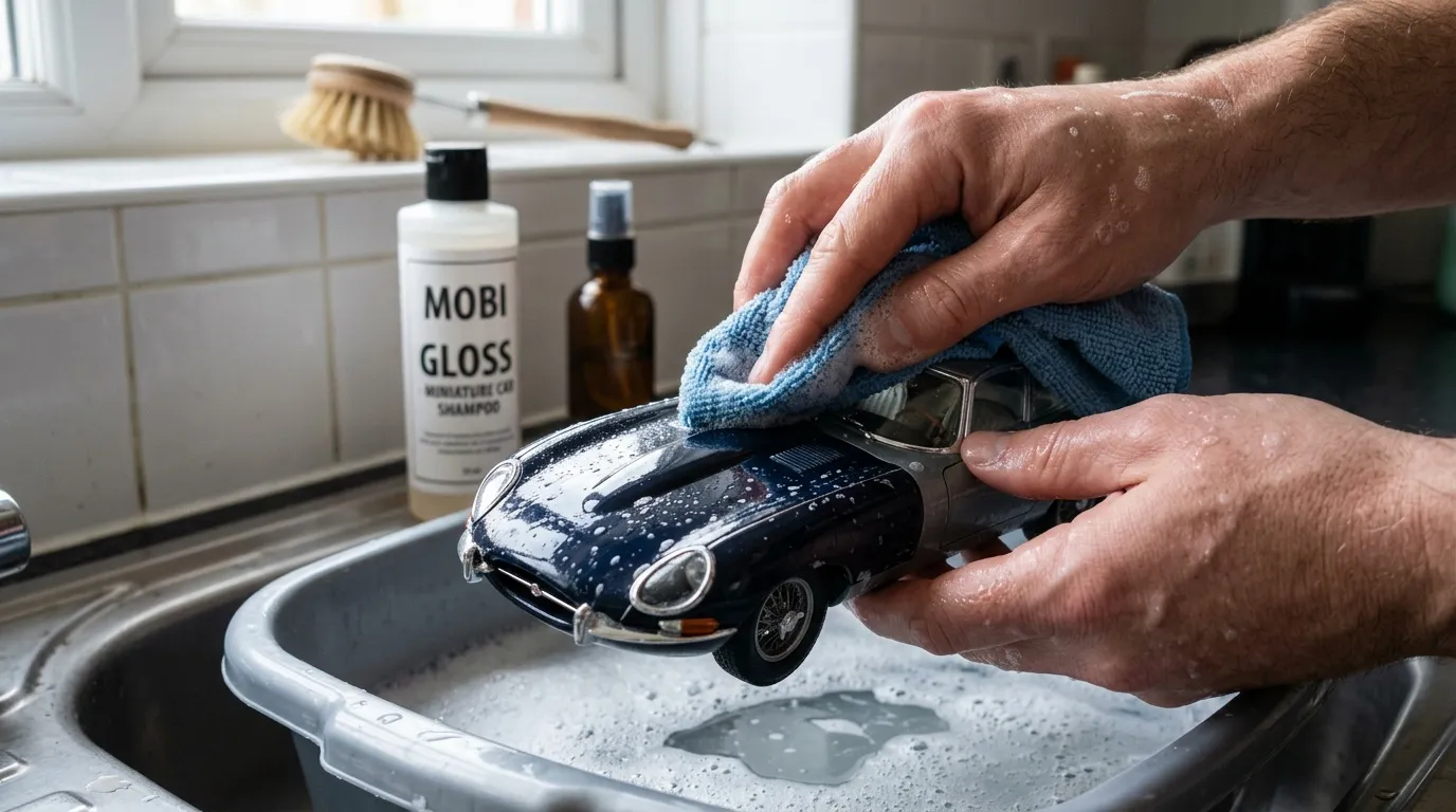 Mains lavant une voiture miniature noire avec chiffon bleu