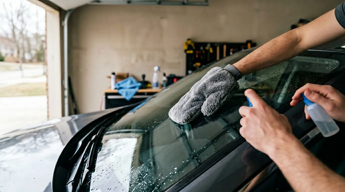 Homme nettoie pare-brise voiture avec chiffon gris dans garage