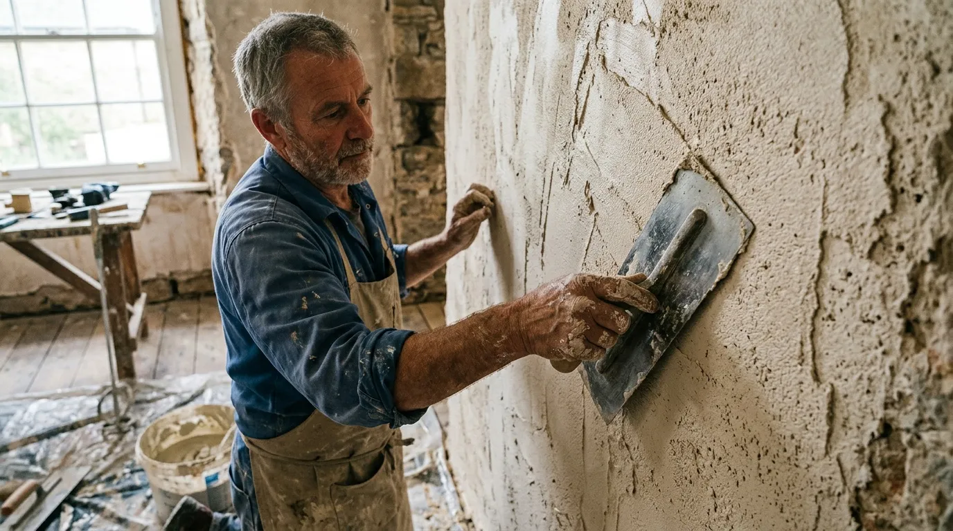 Artisan appliquant du pl&acirc;tre sur mur blanc avec spatule