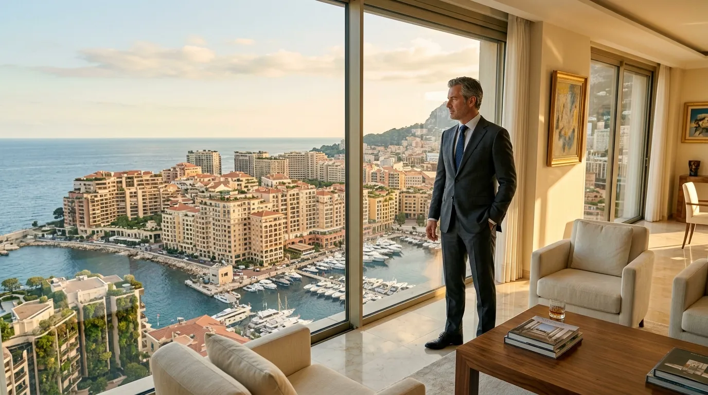 Homme en costume admirant la côte depuis penthouse luxueux
