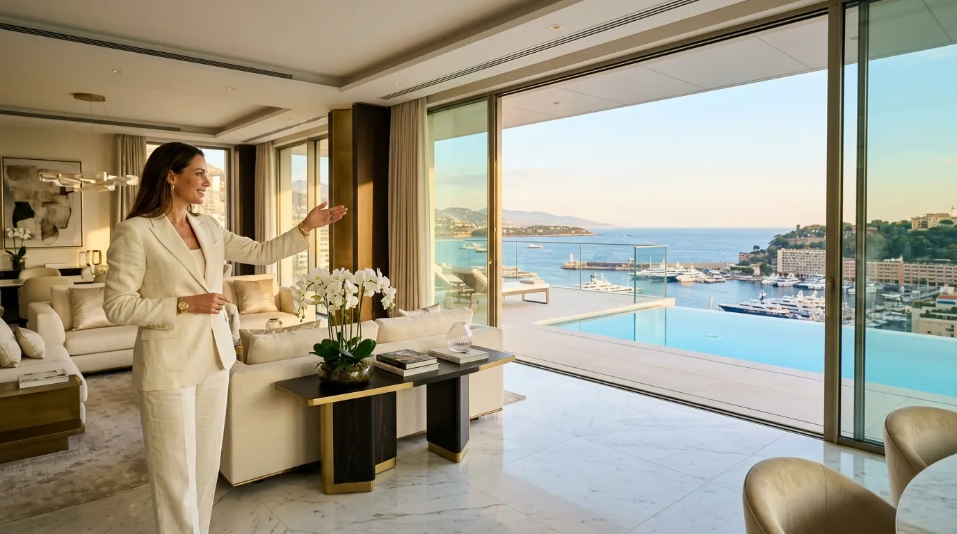 Femme dans penthouse moderne avec vue sur marina méditerranéenne