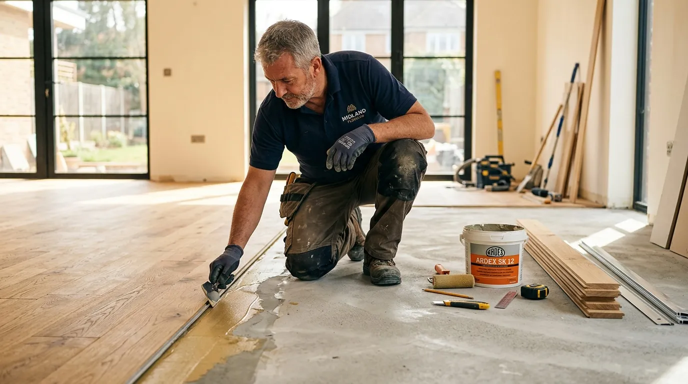 Ouvrier prépare le sol avant pose revêtement