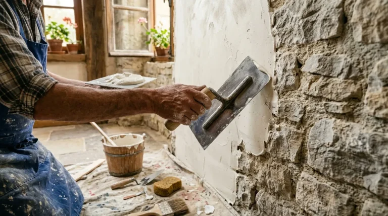 Ouvrier appliquant l'enduit sur mur avec spatule