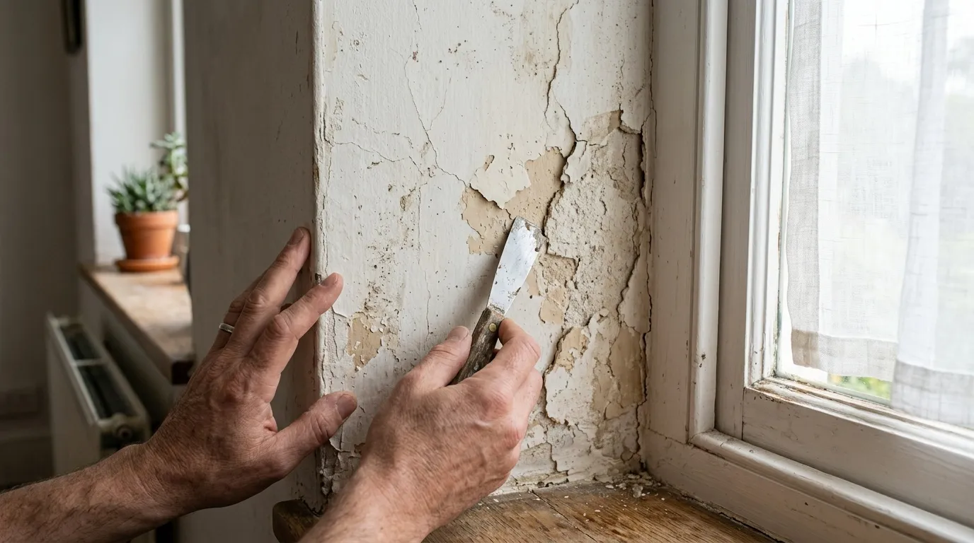 Homme gratte peinture &eacute;caill&eacute;e mur int&eacute;rieur