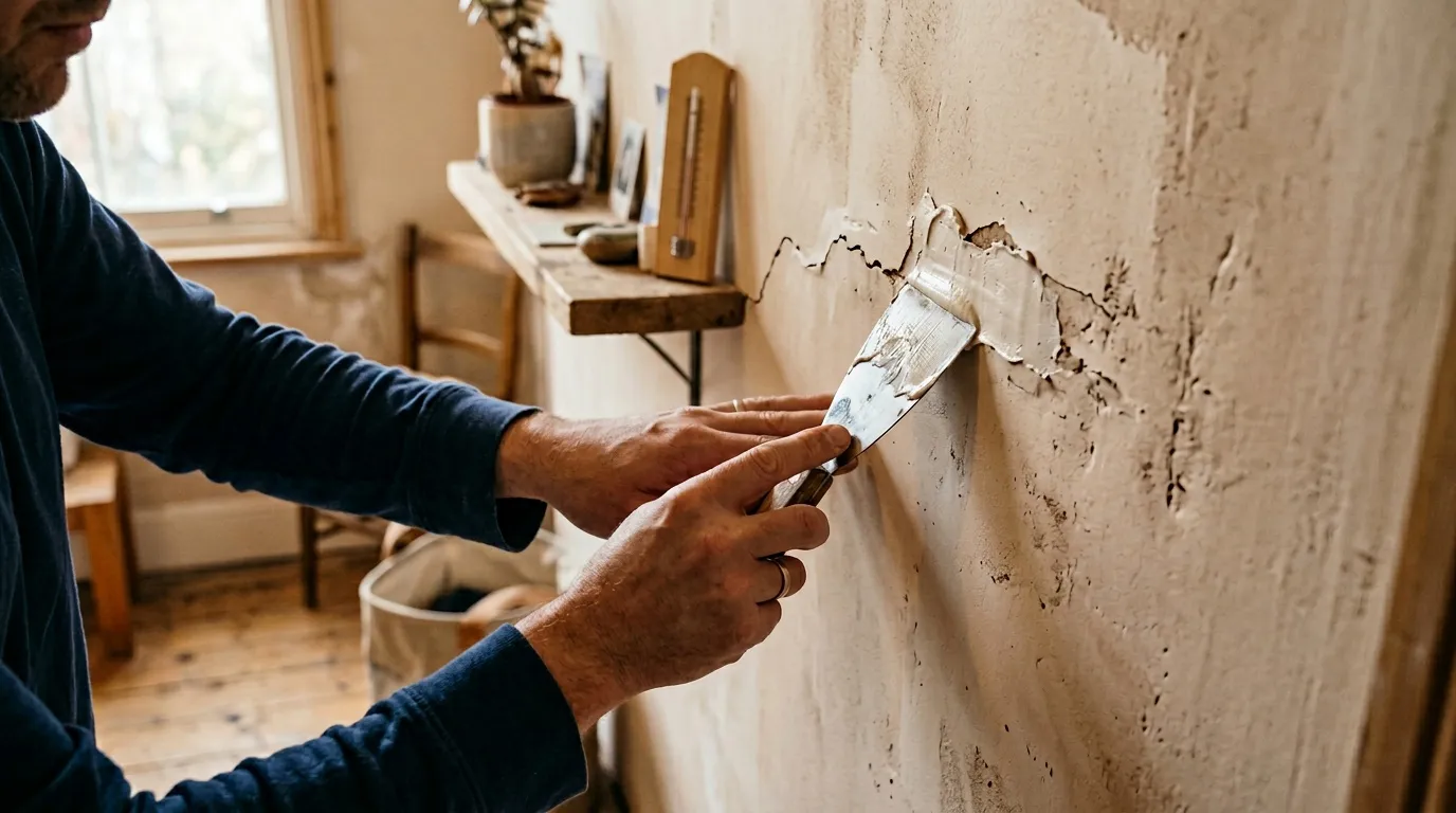 Homme appliquant de la peinture sur un mur endommag&eacute;