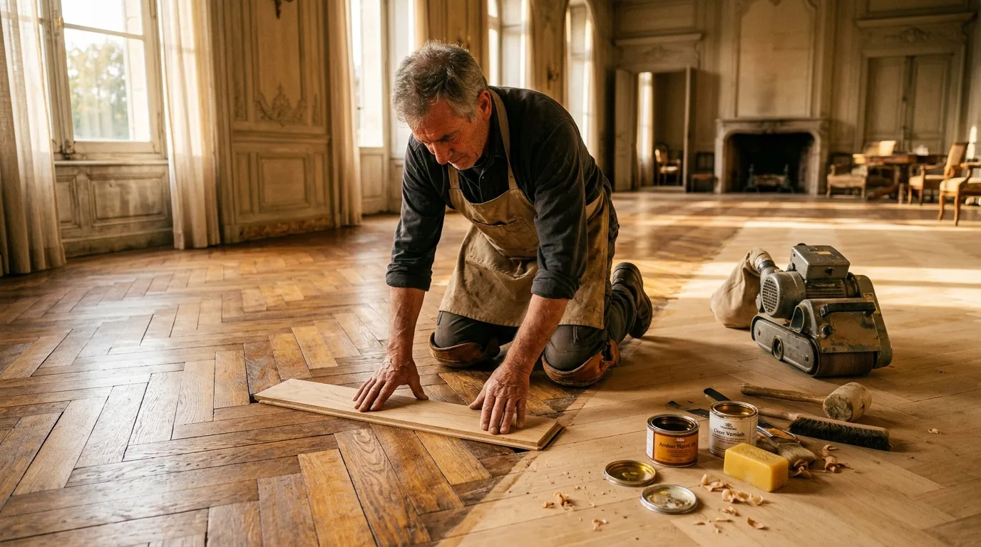 Artisan restaure un parquet ancien dans une grande salle élégante