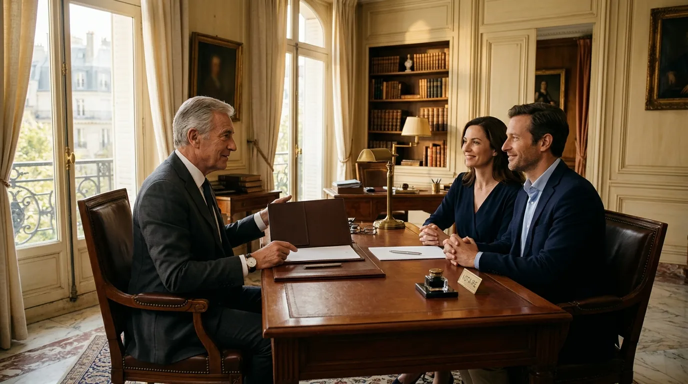 Trois professionnels en discussion autour d'un bureau en bois
