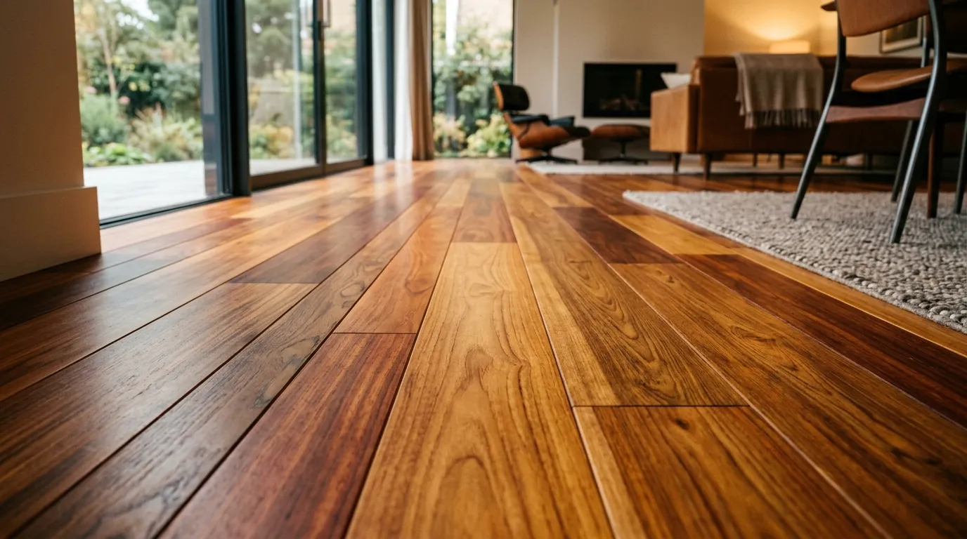 Plancher en bois brillant, salon contemporain avec baies vitrées