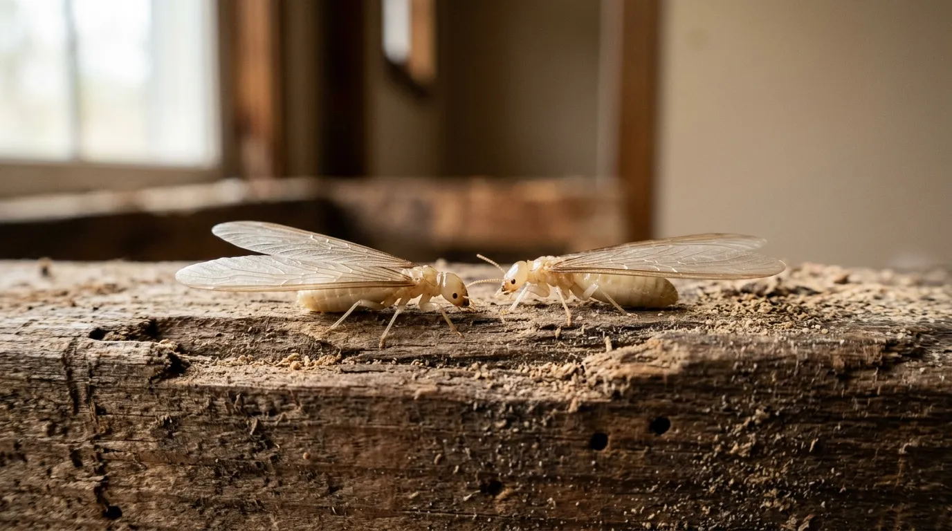 Deux termites ailées sur bois détérioré intérieur