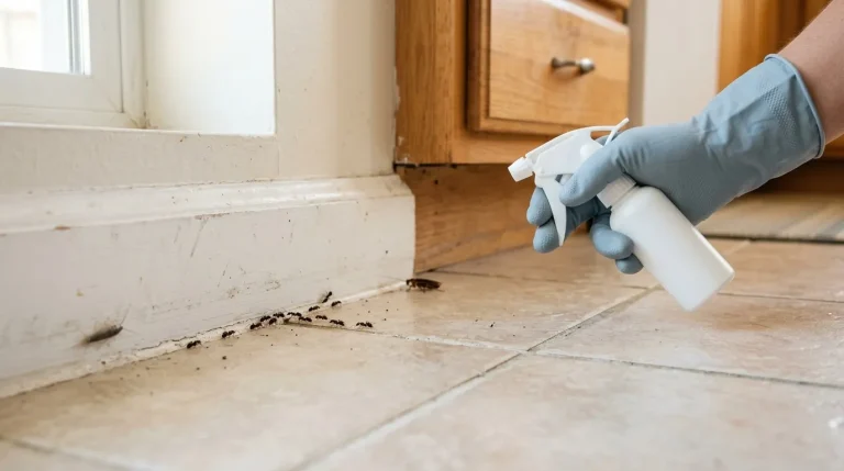 Main gantée pulvérisant produit insecticide sur fourmis