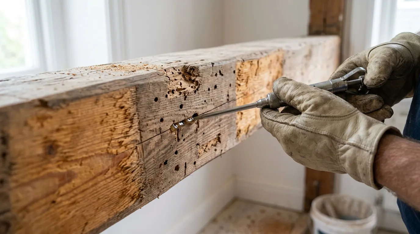 Main traitant poutre en bois infestée de termites