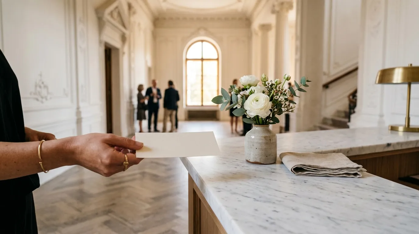 Main tenant une carte dans un hall blanc avec fleurs et marbre