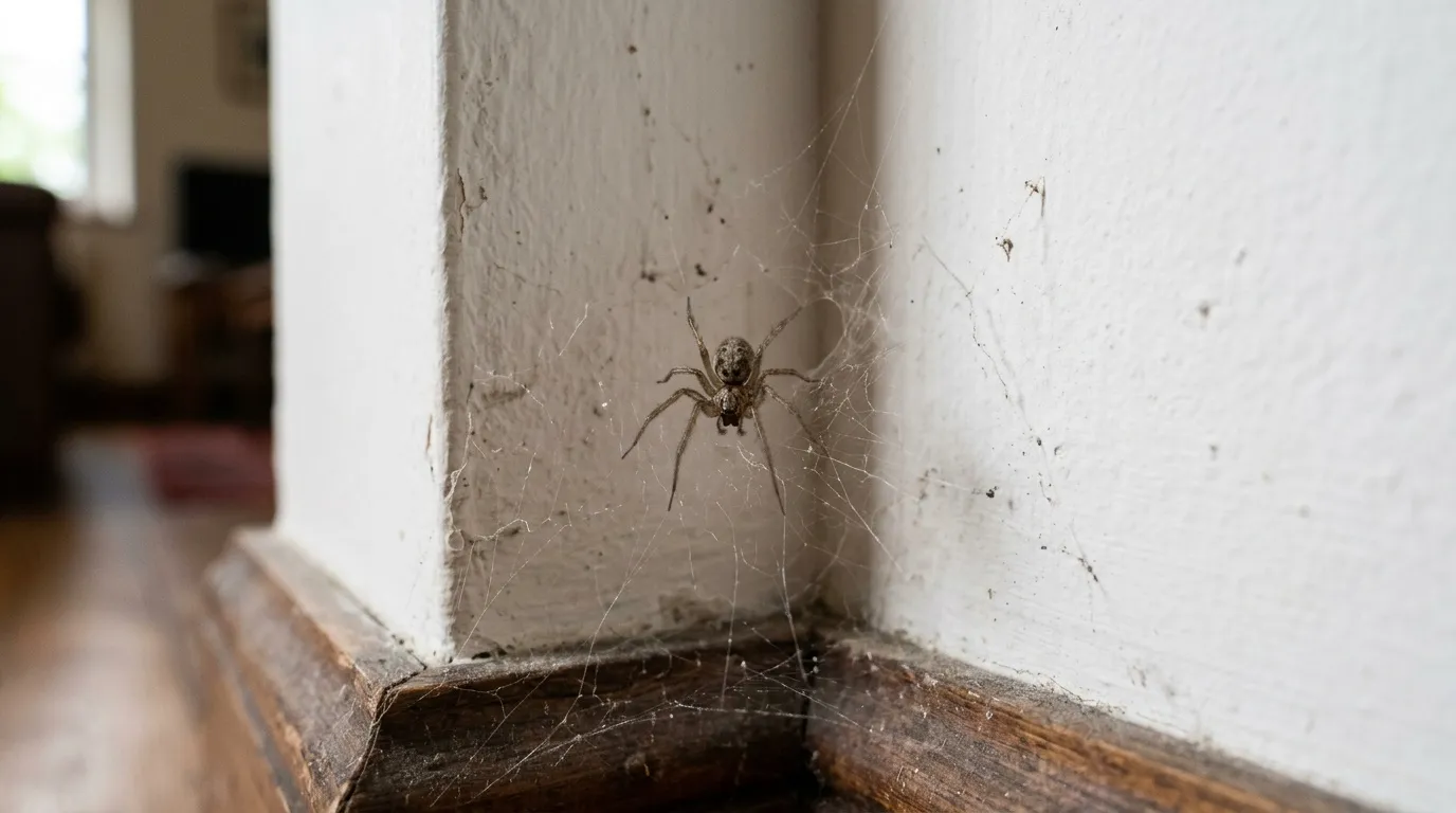 Araignée avec toile d'araignée sur mur blanc