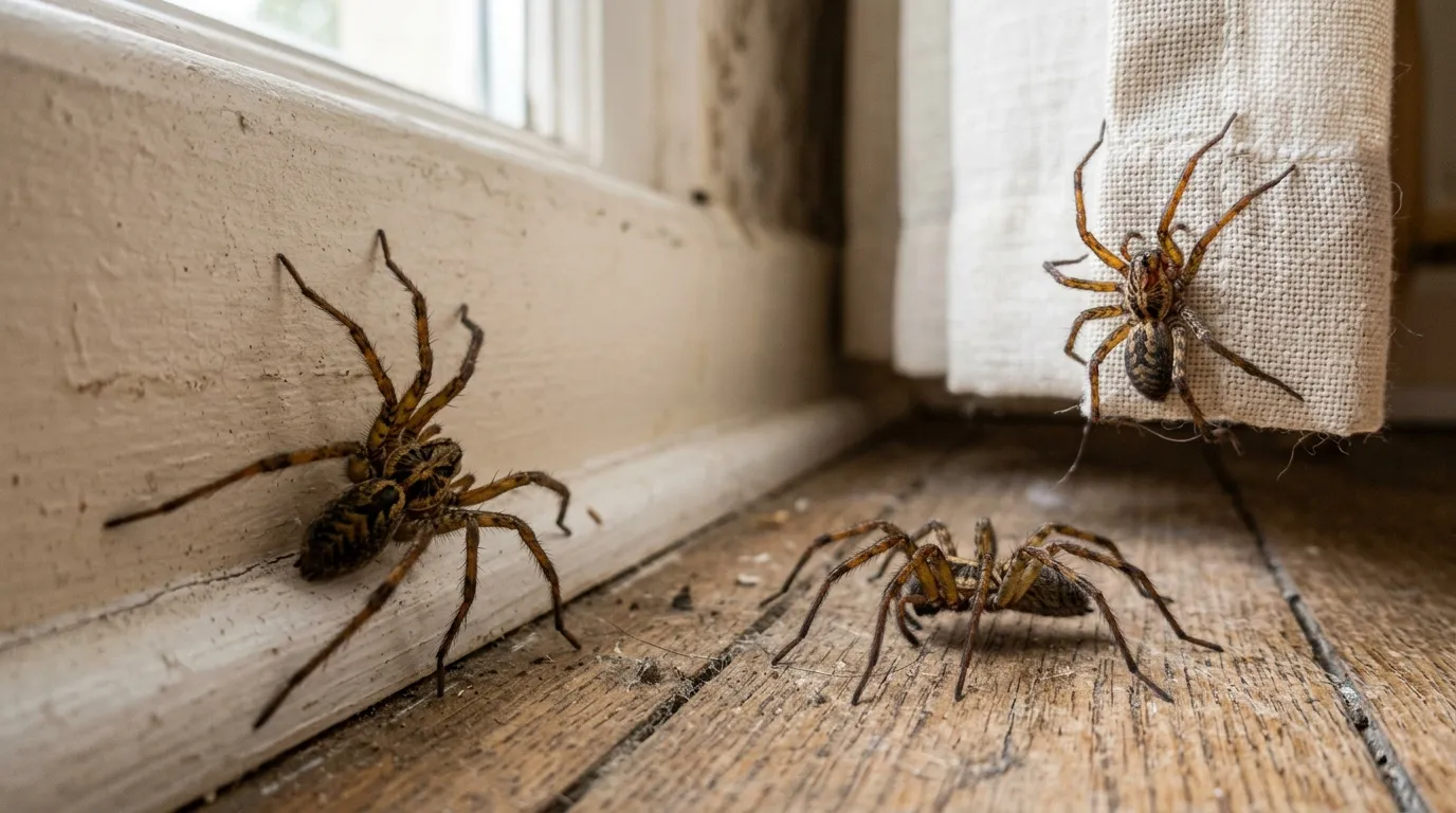 Trois araign&eacute;es brunes sur sol et murs d'int&eacute;rieur