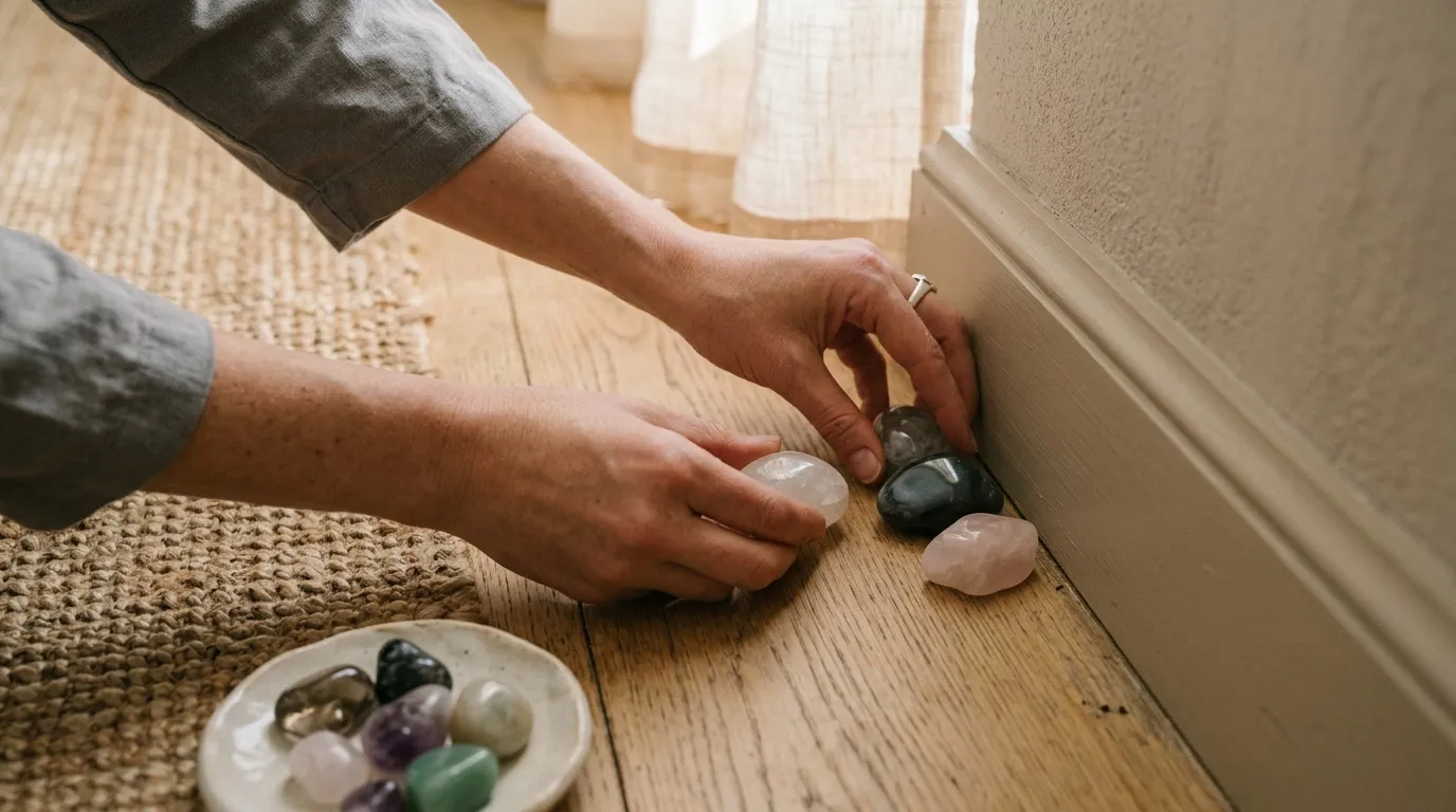 Mains plaçant des pierres colorées sur un plancher