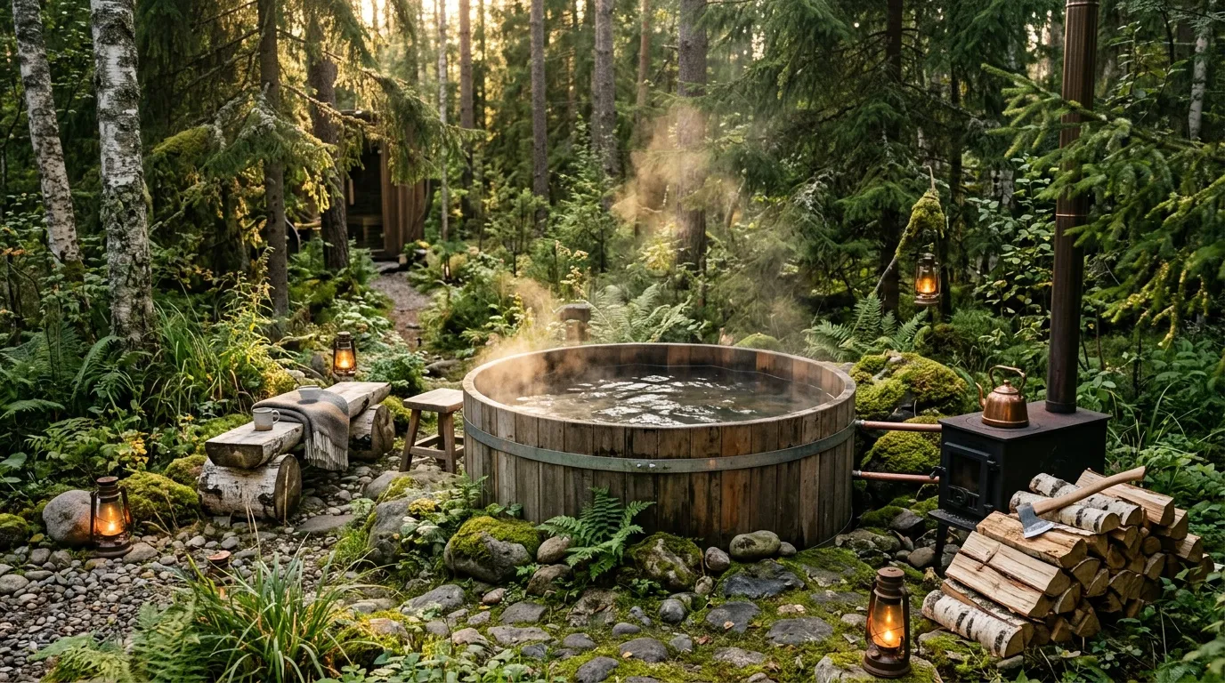 Baignoire en bois dans une forêt vierge entourée de lanternes