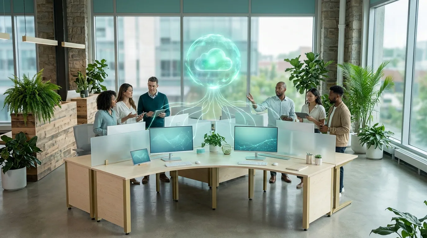 Équipe travaillant autour d'une table avec technologie cloud holographique