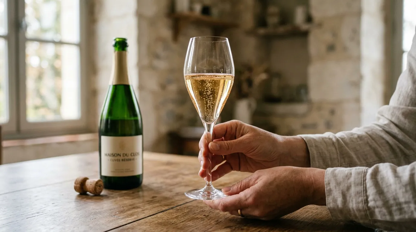 Personne tenant un verre de champagne pétillant avec bouteille