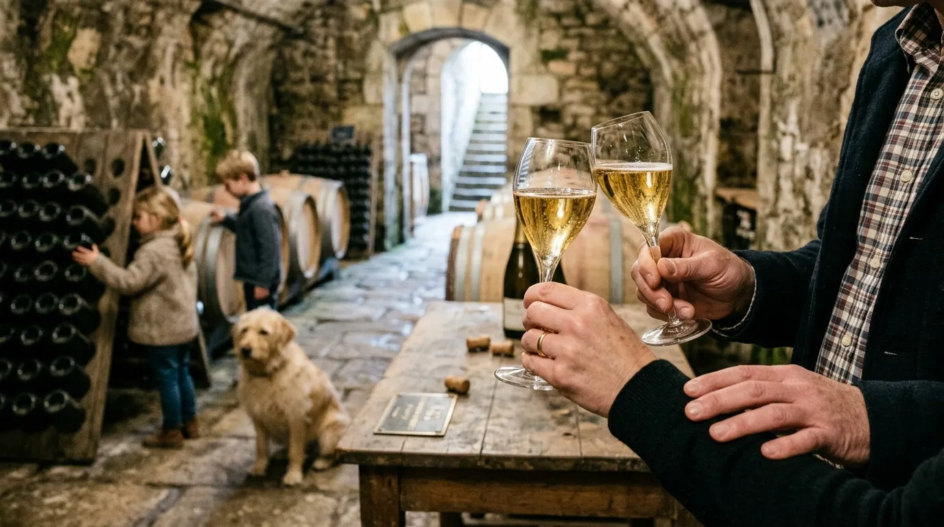 Deux verres de champagne levés dans une cave viticole ancienne avec tonneaux.