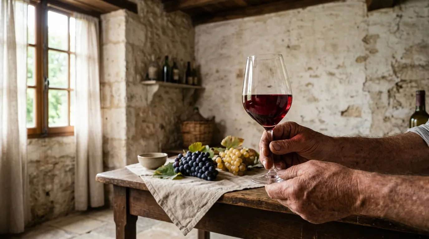 Homme tenant un verre de vin rouge dans une cave traditionnelle