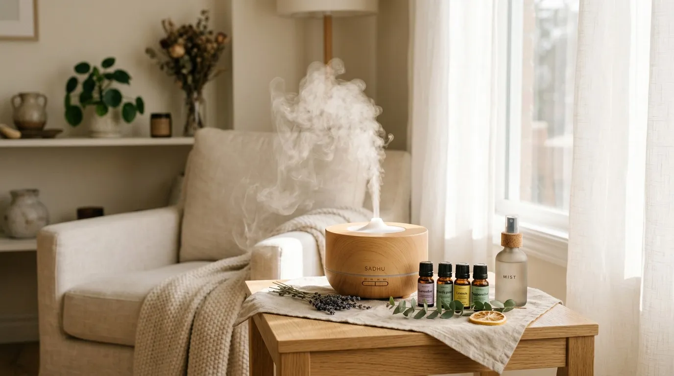 Diffuseur d'huiles essentielles dans un salon calme et naturel
