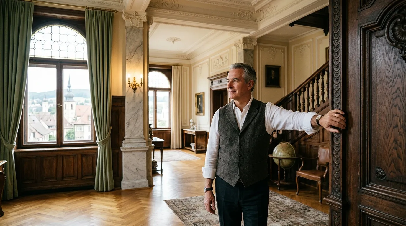 Homme en costume dans un intérieur palatial élégant avec vue urbaine