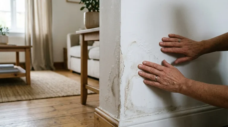 Mains vérifiant l'humidité et dégâts sur mur blanc