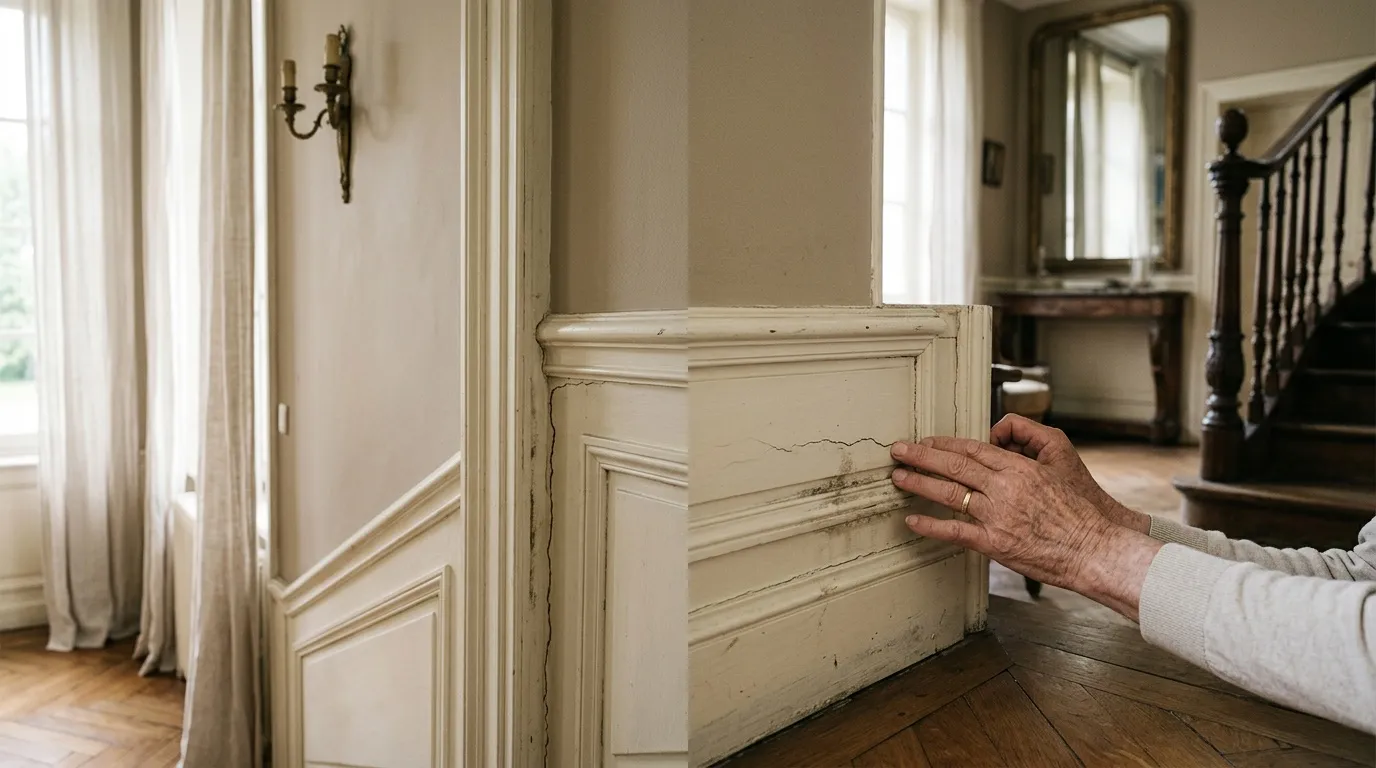 Main touchant une porte blanche vieillie dans un couloir élégant