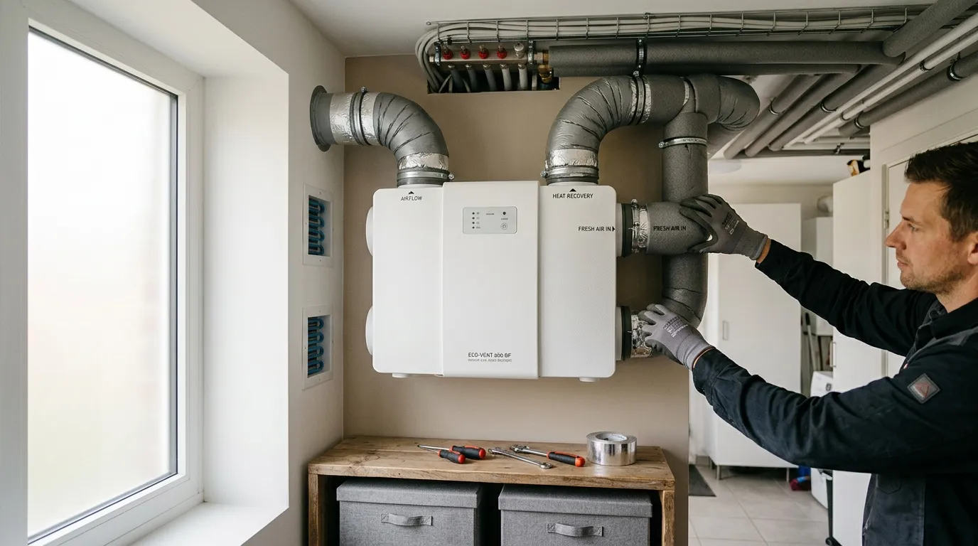 Technicien installe unité ventilation récupération chaleur murale