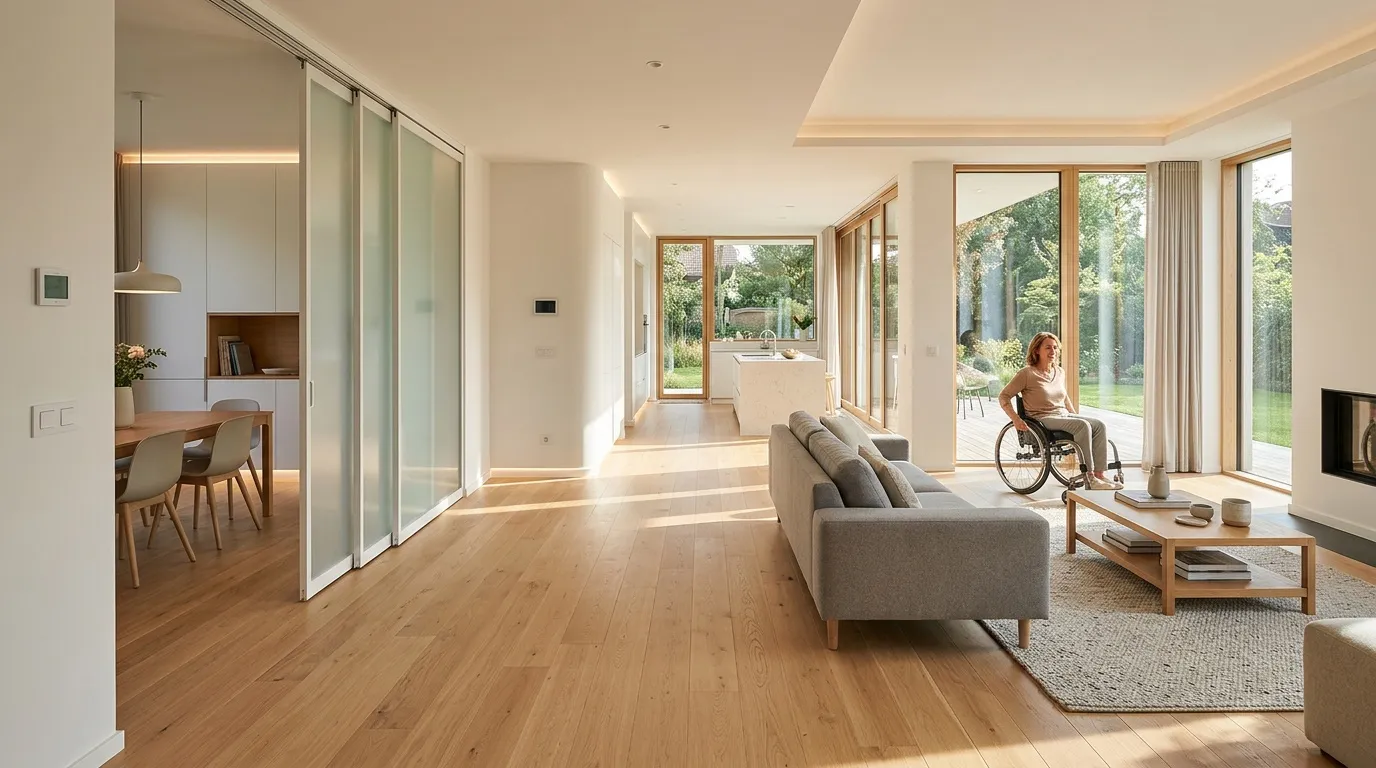 Intérieur spacieux avec femme en fauteuil roulant, baies vitrées